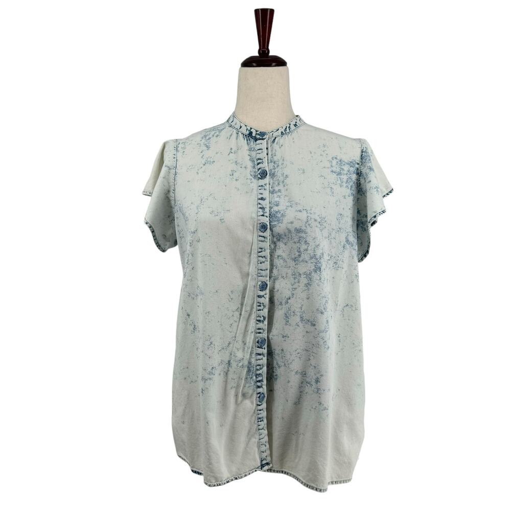Laurie Felt Chambray Acid Wash Button Down Top Womens‎ S Flutter Sleeve Casual
